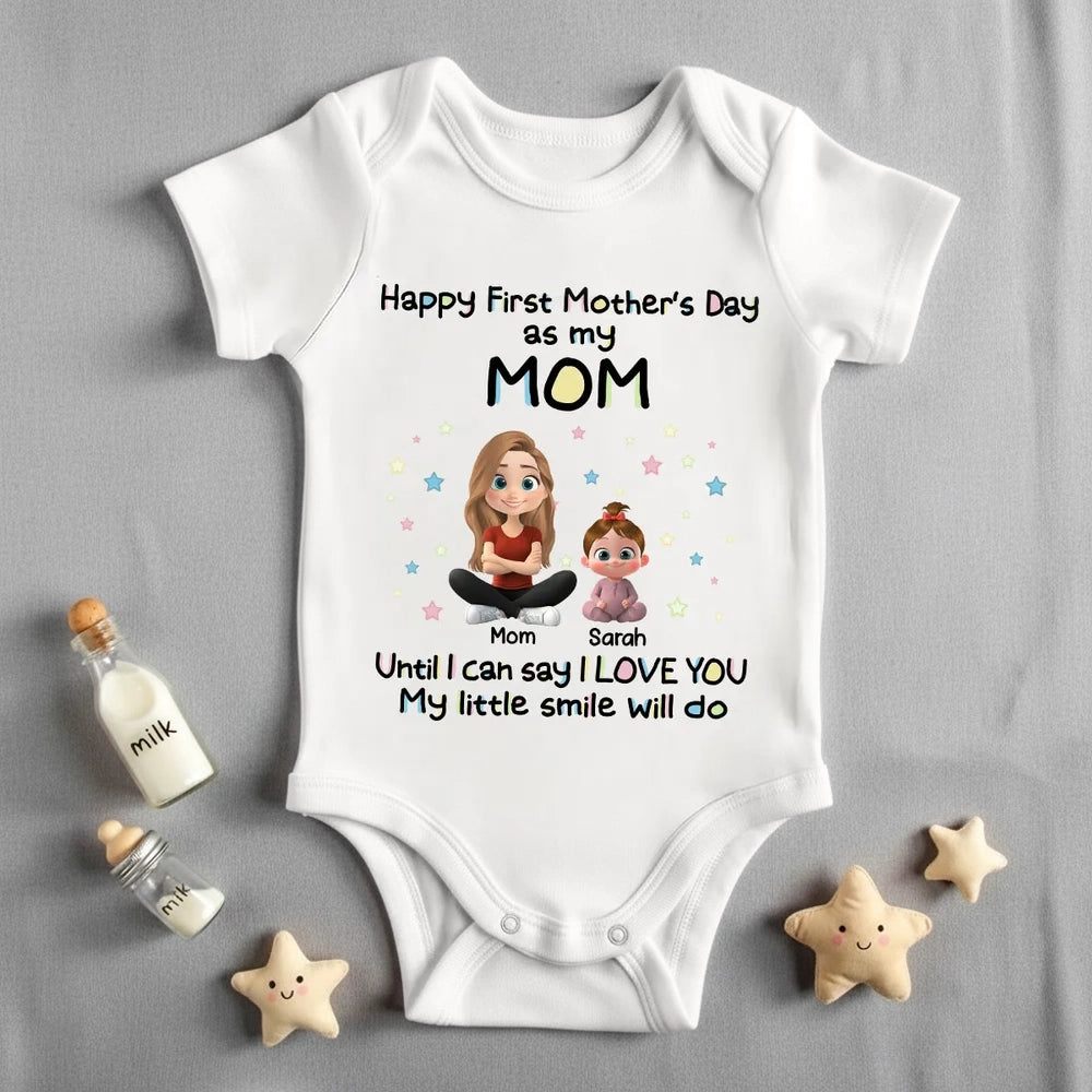 Personalized Short Sleeve Baby Onesie Happy First Mother's Day as My Mom Cute Cartoon Mom & Baby Gift