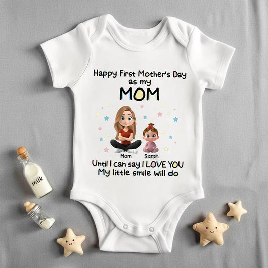 Personalized Short Sleeve Baby Onesie Happy First Mother's Day as My Mom Cute Cartoon Mom & Baby Gift
