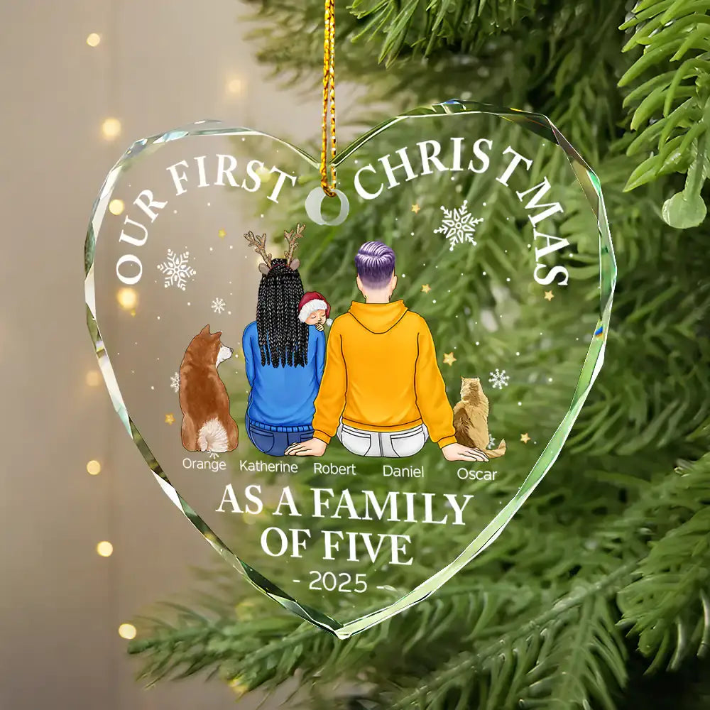 Crystal Heart Ornament for Christmas tree, cozy couple illustration with little one, keepsake, gift-ready for new parents and families