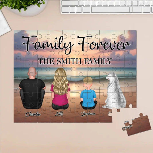 Family Forever Beach Design - Personalized Wooden Puzzle, Wallet Card, Blanket, Cotton Tote Bag, Wooden Carhanger, LED Plaque, Keychain and Poster, Unique Gift