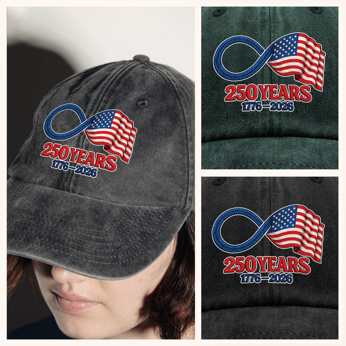 Personalized Washed Denim Baseball Cap with 250 Years Infinity Flag Design, Casual Outdoor Wear, Unique Patriotic Gift