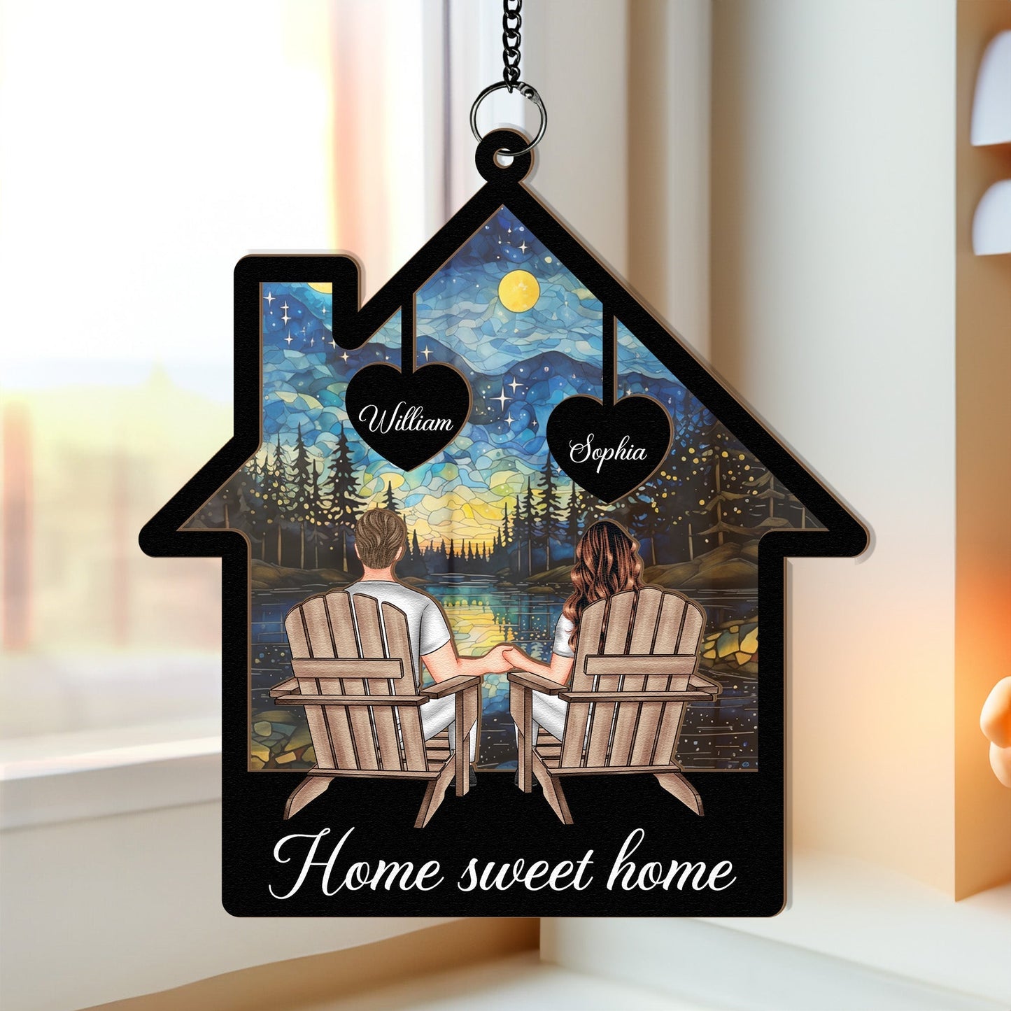 Starlit Forest Scene Couple Ornament – Personalized Wood and Acrylic Hanging Keepsake for Lovers