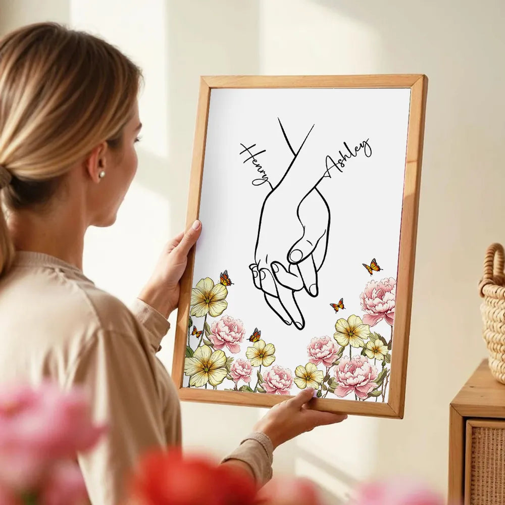 Personalized Couple Hand-Holding Line Art Poster with Floral Butterflies, Modern Minimal Wall Decor, Unique Gift for Him or Her