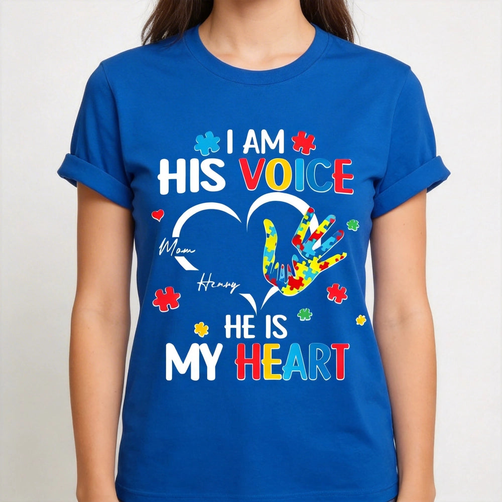 Personalized Autism Awareness Classic Tee I Am His Voice He Is My Heart Puzzle Hand Unique Gift for Mom