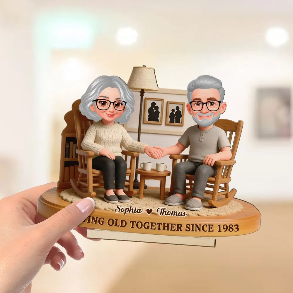 Personalized 2-Layer Wooden Plaque Elderly Couple Holding Hands in Cozy Living Room, Unique Anniversary Gift for Him or Her