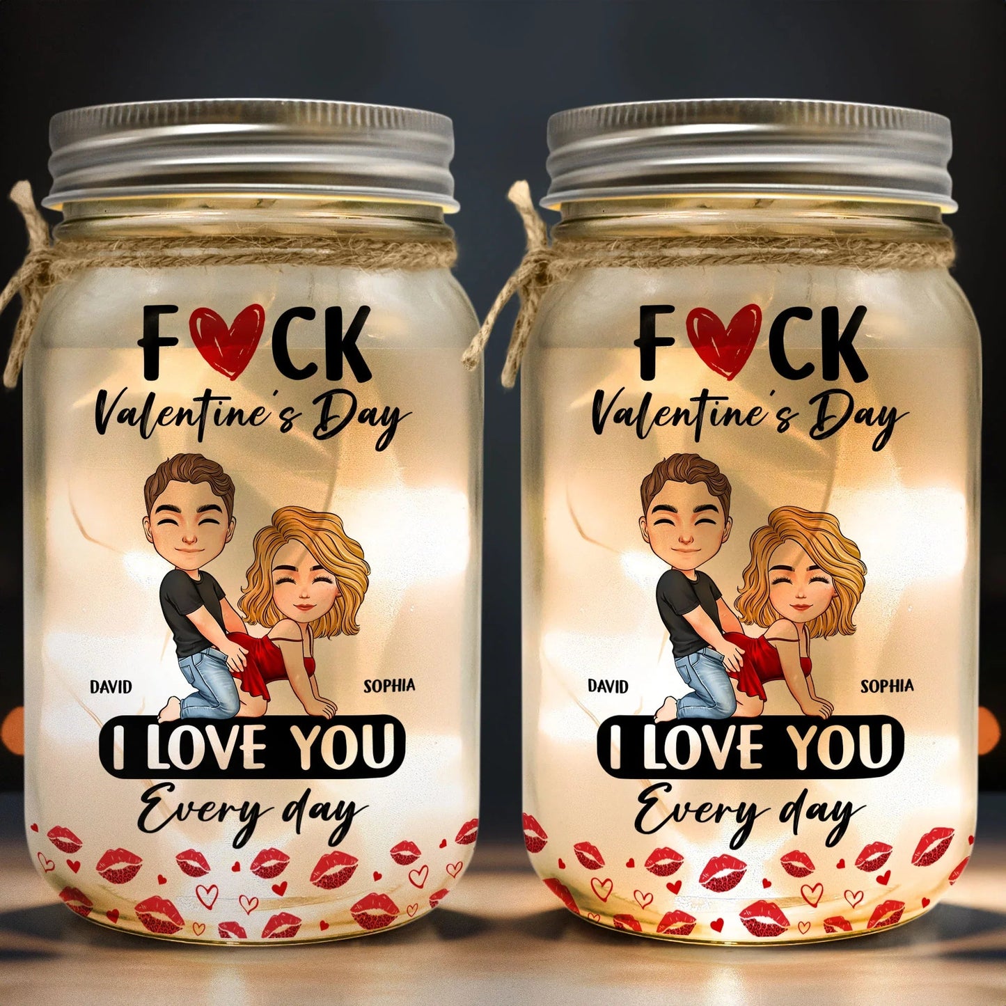 Personalized Glass Mason Jar Light Funny Valentine's Day Couple Cartoon Warm Glow Unique Gift for Girlfriend or Wife