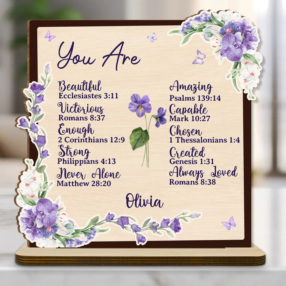 2-Layer Wooden Plaque Personalized with Encouraging Bible Verses and Purple Florals, Heartfelt Gift for Daughter or Friend