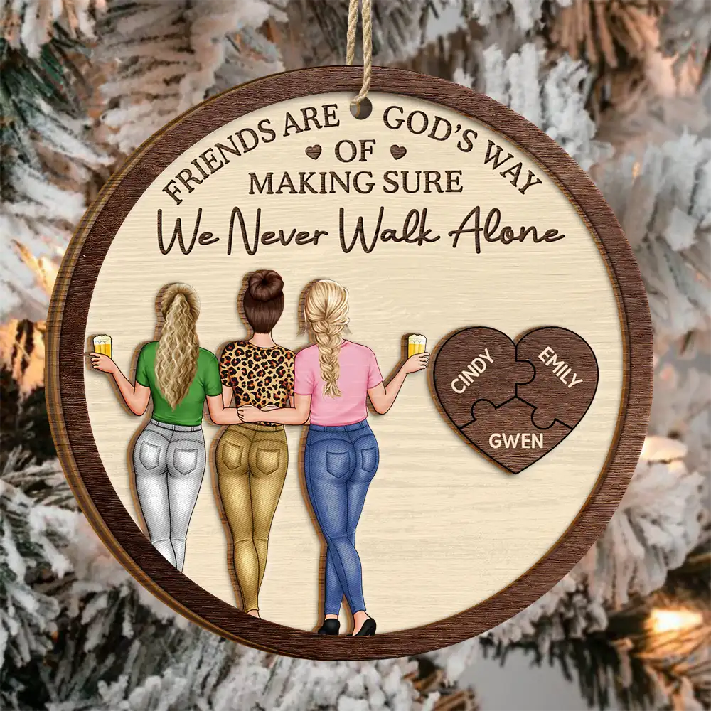 2-Layer Wooden Ornament with Hugging Friends & Puzzle Heart, We Never Walk Alone - Unique Christmas Gift for Best Friend