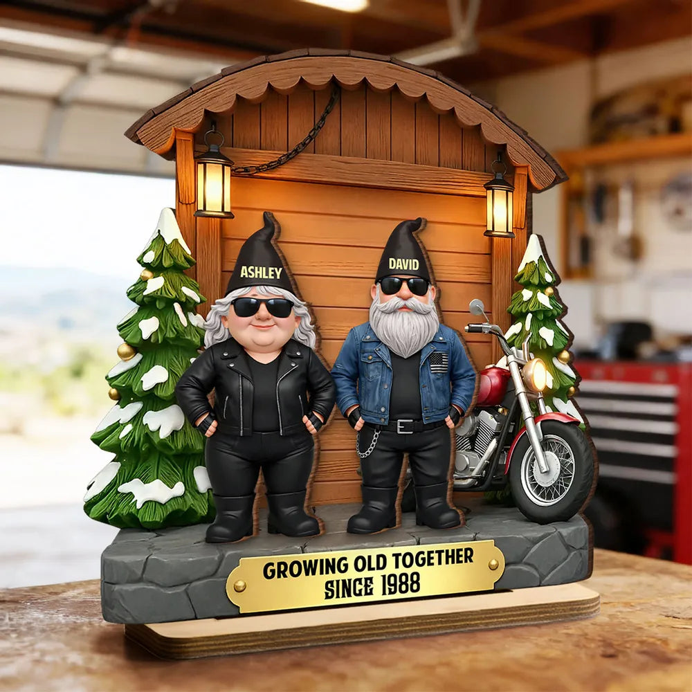 Personalized 2-Layer Wooden Plaque, Biker Couple by Motorcycle Cabin Scene, Unique Anniversary Gift for Him or Her