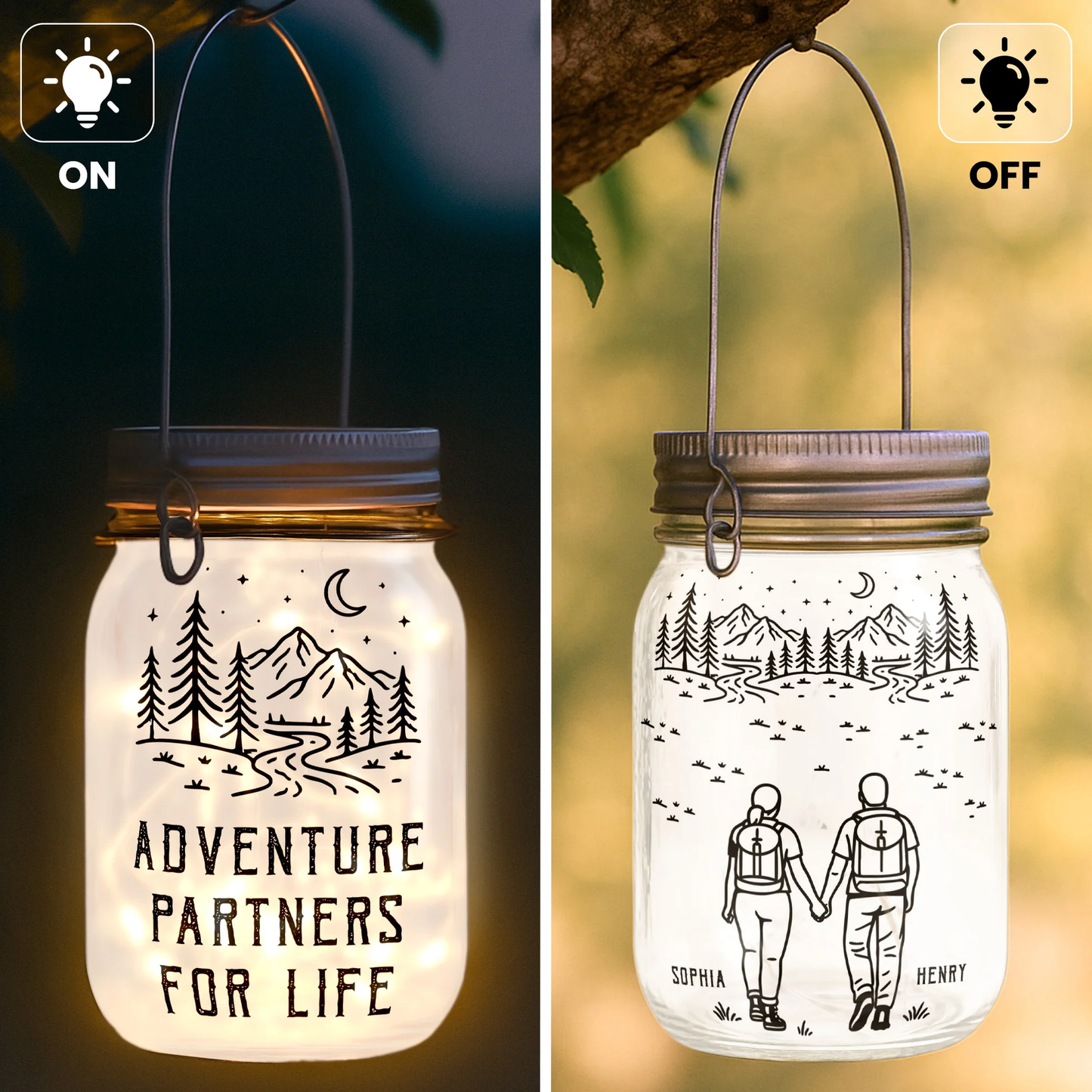 Personalized Solar Mason Jar Light with Adventure Partners For Life Hiking Couple Design - Unique Gift for Couples