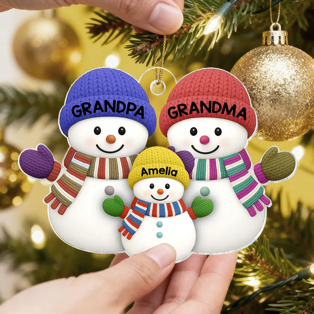 Grandparents & Grandchild Snowman Acrylic Ornament – Heartwarming Family Design, Perfect Holiday Gift