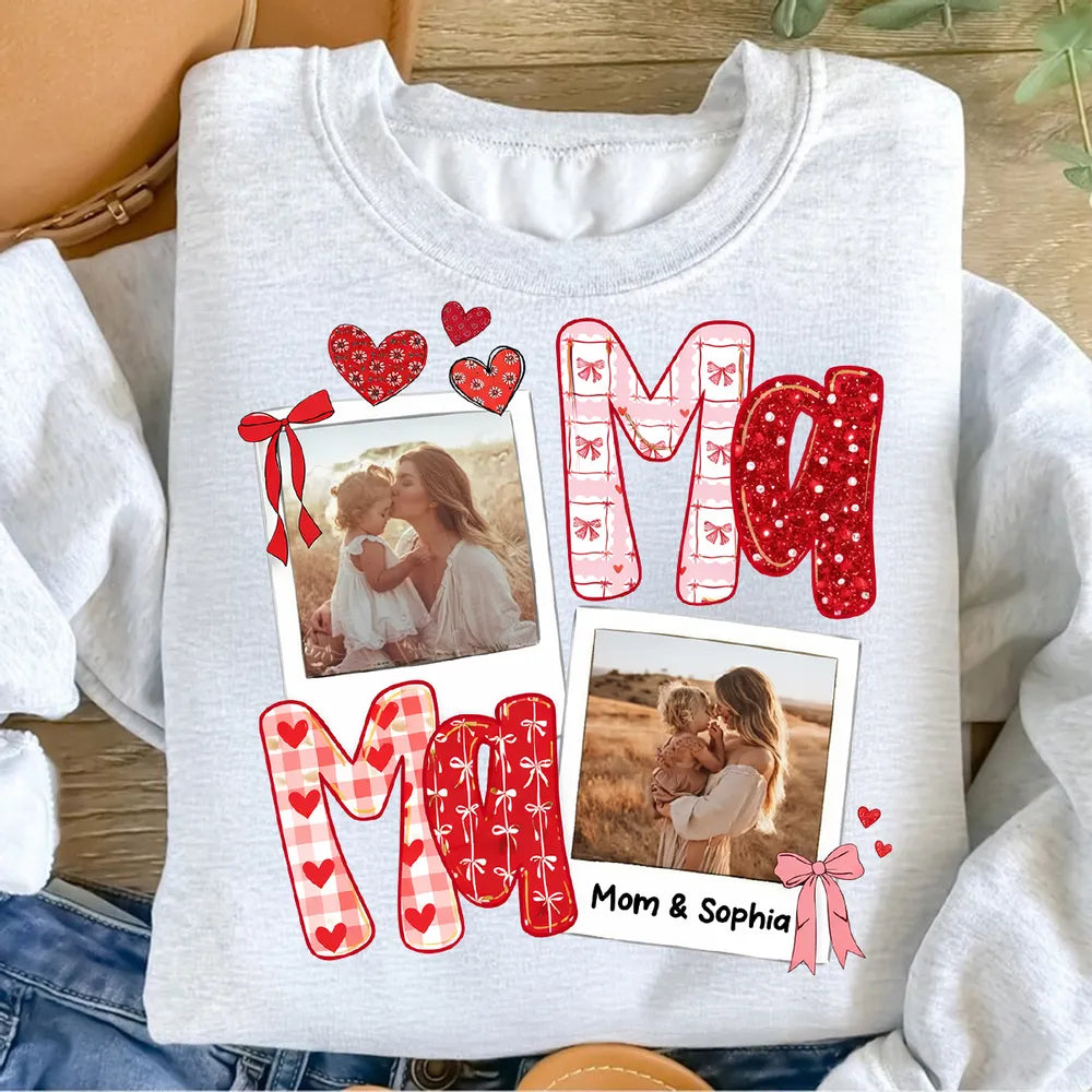 Custom Mama Classic Tee with Mom and Child Hugging Photos Red Valentine Style Hearts A Heartwarming Unique Gift