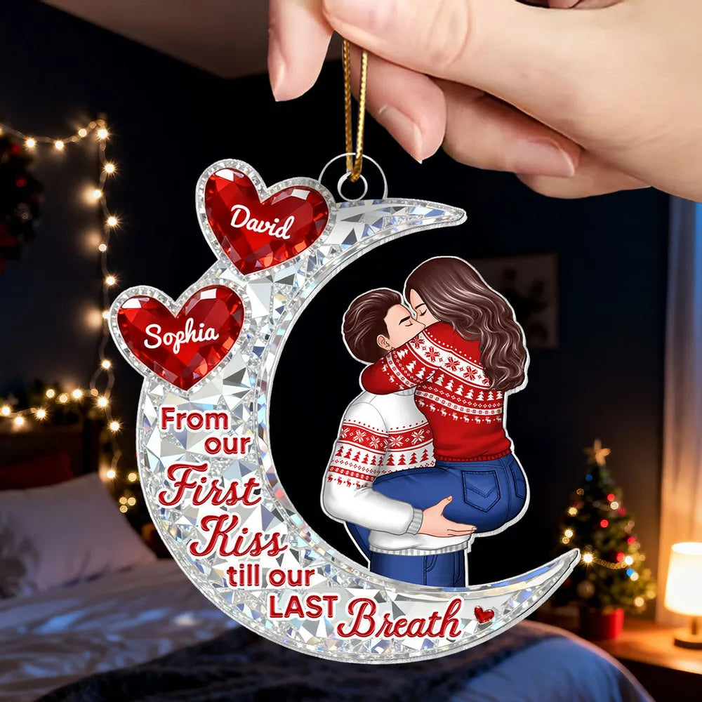 Custom Acrylic Ornament with Crescent Moon and Embracing Couple, Heartfelt From Our First Kiss Quote, Special Anniversary or Holiday Gift