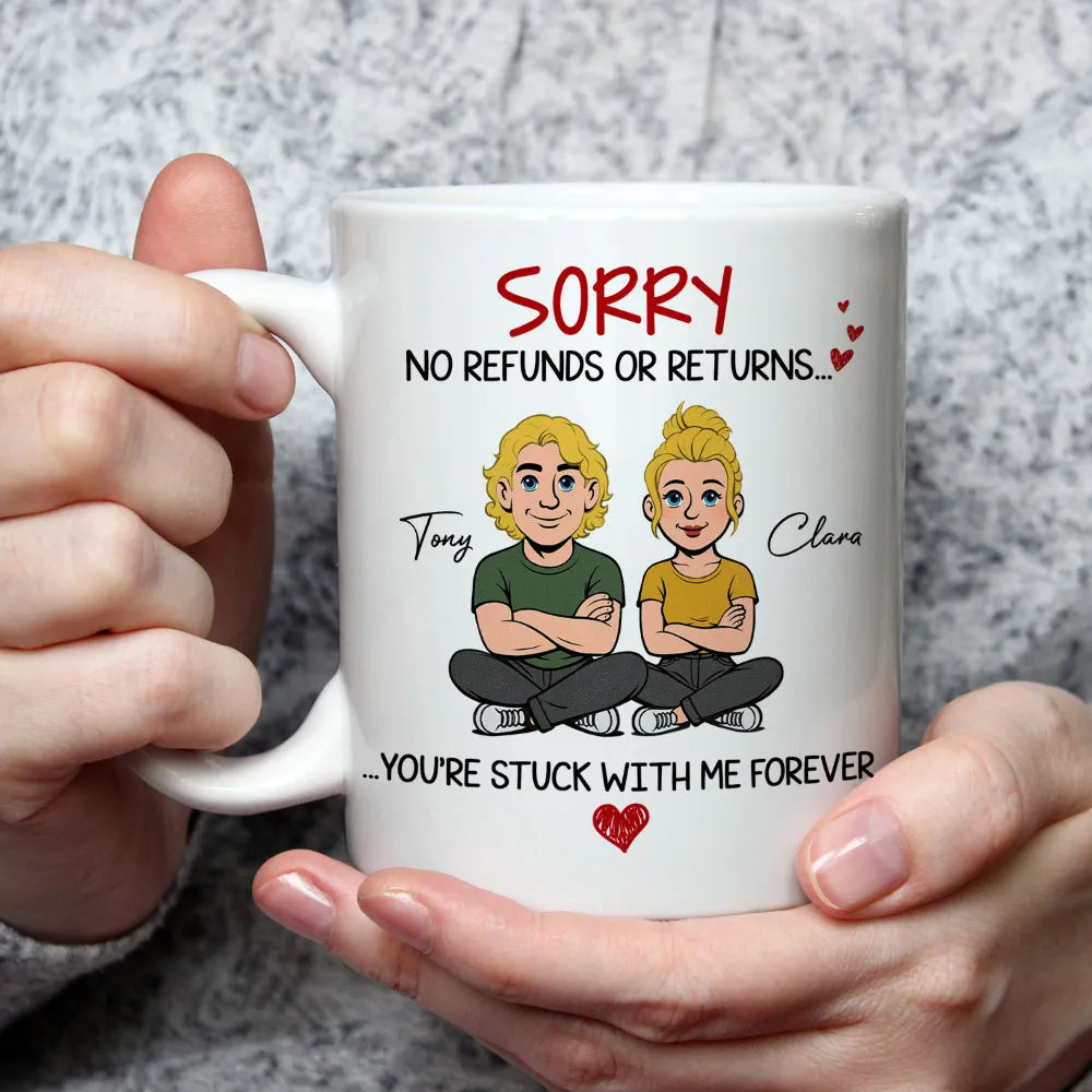 Personalized Funny Couple White Ceramic Mug 'You're Stuck With Me Forever' Cute Cartoon Gift for Husband or Wife