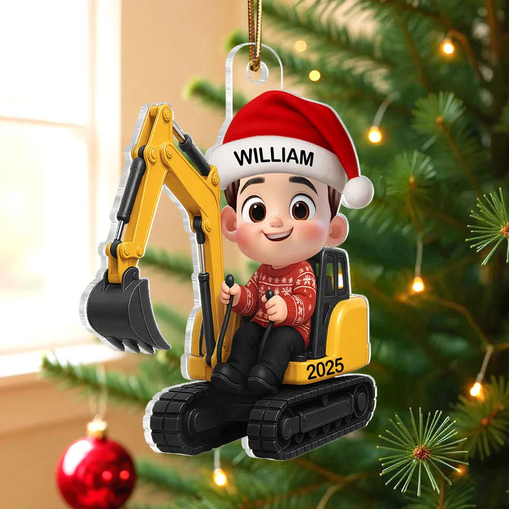 Cartoon Boy Tractor Acrylic Ornament with Christmas Cheer, Perfect Gift for Kids