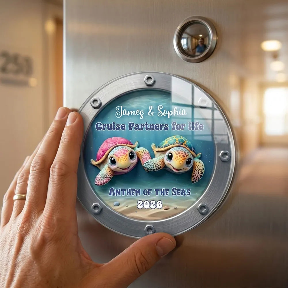 Acrylic Magnet Personalized for Cruise Partners, Colorful Turtle Porthole Design, Sweet Gift Idea for Wife or Husband