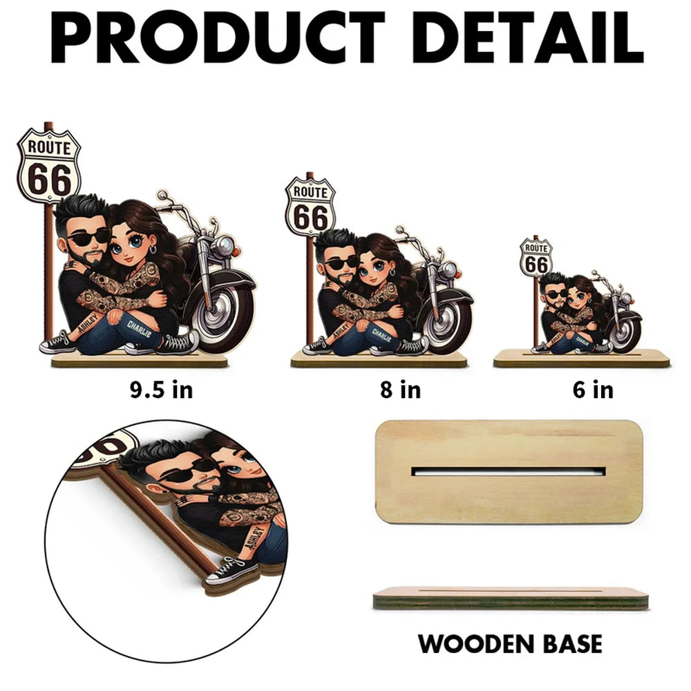 Personalized 2-Layer Wooden Plaque Biker Couple Hugging by Route 66 Motorcycle - Unique Gift For Couples