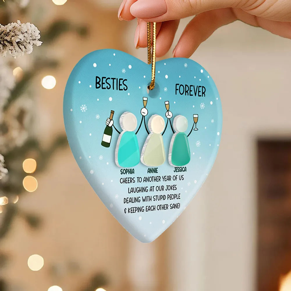 Personalized Besties Heart Ornament – Double-Layer Ceramic & Acrylic Design with Sea-Glass Look, Friendship Holiday Gift