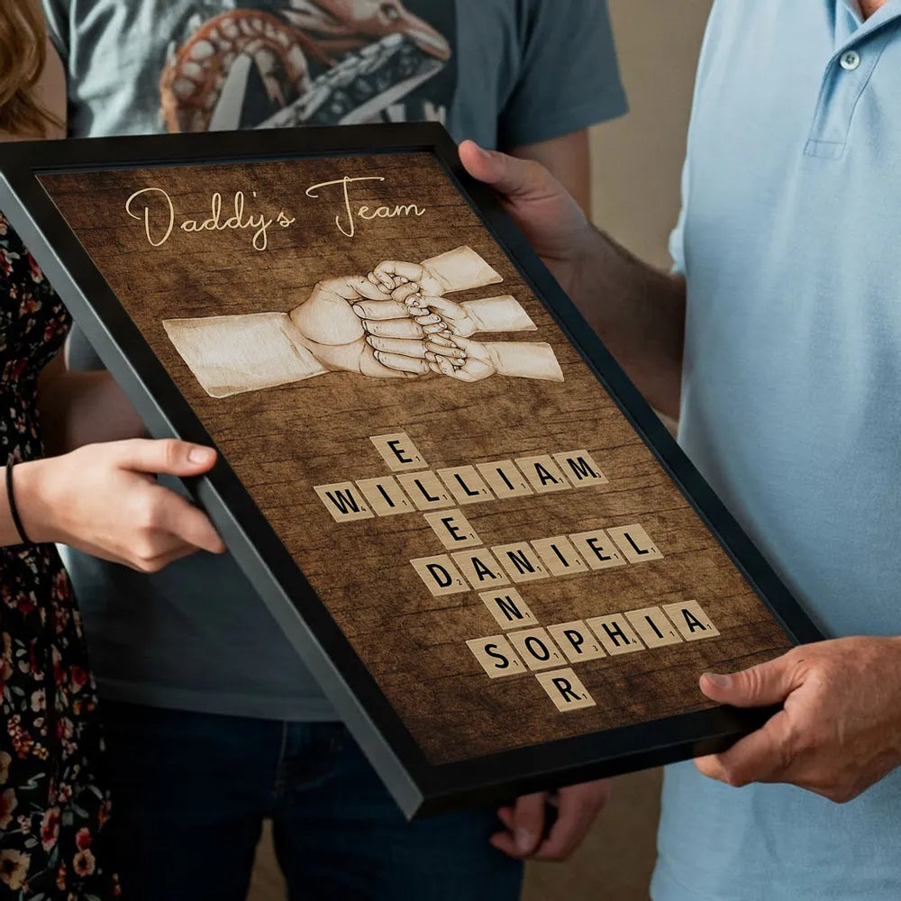 Daddy's Team Poster with Fist Bump Crossword Design, Heartwarming Family Scene, Perfect Gift for Dad
