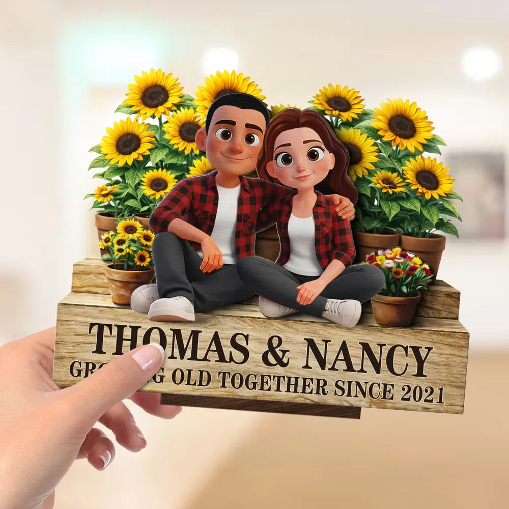 Growing Old Together Since 2-Layer Wooden Plaque with Cozy Couple and Sunflowers Unique Anniversary Gift for Him or Her