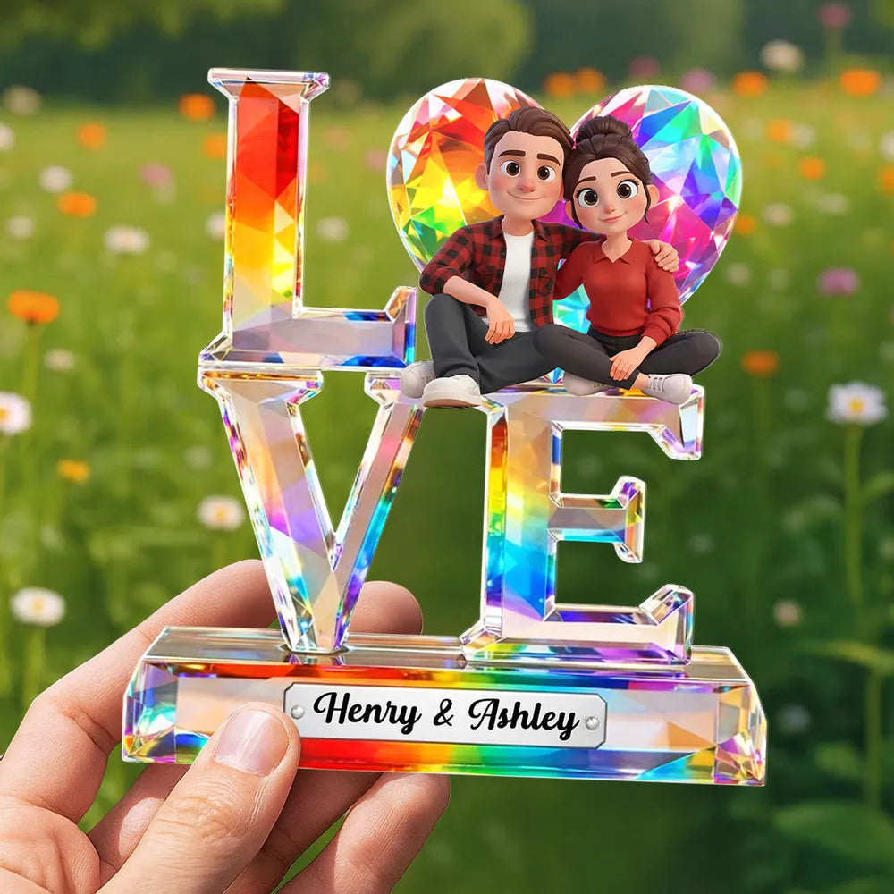 Personalized LOVE Shaped Acrylic Block Plaque With Cozy Sitting Couple, Rainbow Crystal Look Decor, Unique Gift For Her Or Him