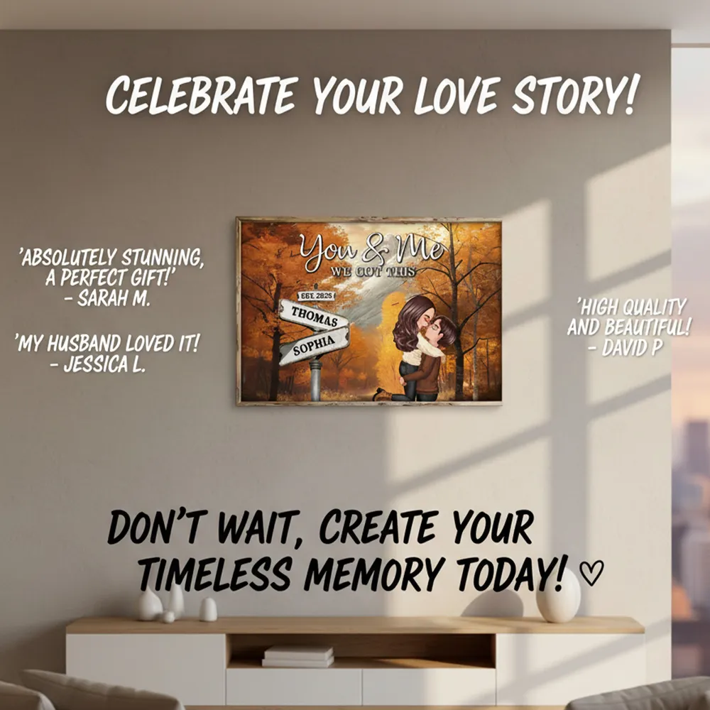 Personalized Couple Kissing at Crossroads Street Sign Poster, Cozy Autumn Wall Art, Unique Gift for Couples