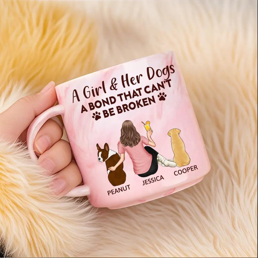 Personalized Marble Cup, Girl Sitting with Dog & Wine, Unbreakable Bond Quote – Pet Mom Gift