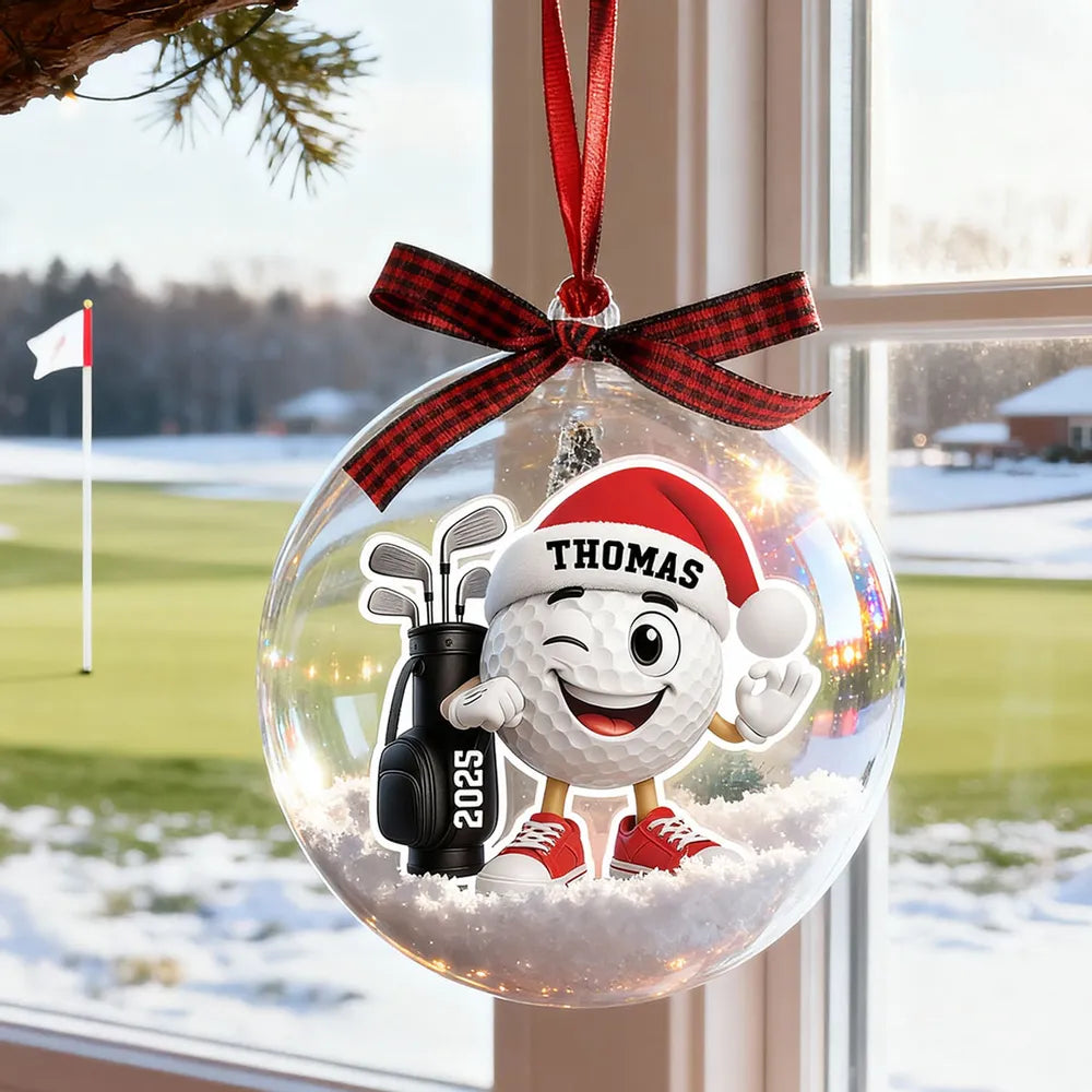 Snow Globe Ornament with Winking Santa Golf Ball, Christmas Tree Decor, playful keepsake, unique gift for golfers and Dad