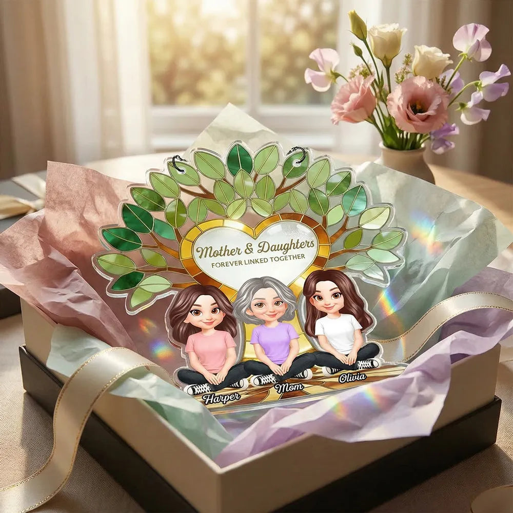 Acrylic Suncatcher Ornament with Mother and Daughters Forever Linked Together - Personalized Sunlit Window Gift for Mom
