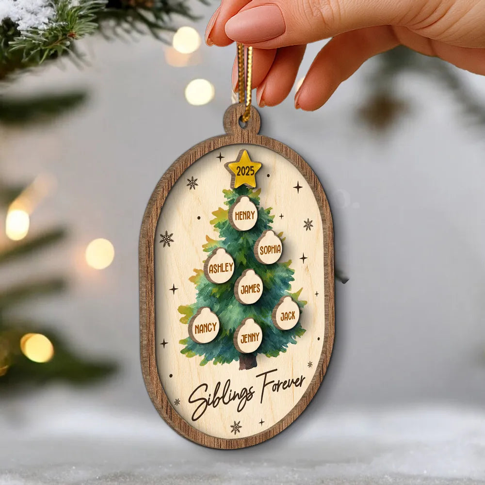 Personalized 2-Layer Wooden Ornament for Siblings Christmas Tree Decor, Custom Family Names Keepsake Gift