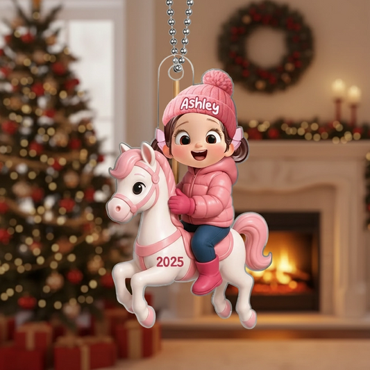 Girl Riding Horse Acrylic Ornament – Personalized Christmas Gift for Kids, Heartwarming Family House Keepsake