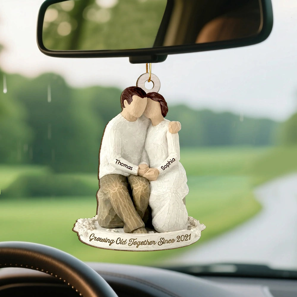 Custom Romantic Wooden Ornament with Cuddling Couple, Cozy Holiday Tree Decoration, Meaningful Unique Gift for Him & Her