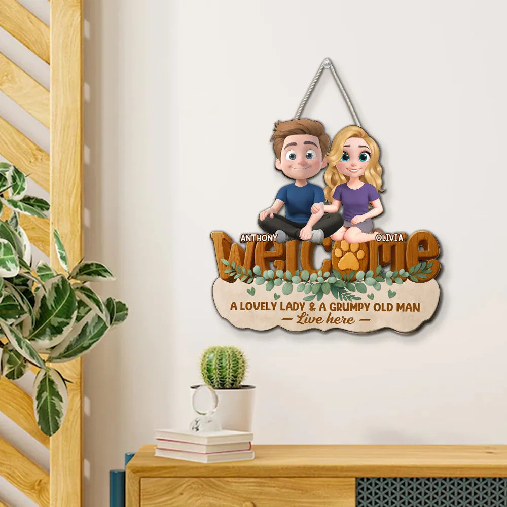 Personalized Wooden Sign with Cute Couple Illustration and Paw Welcome Home Decor, Unique Gift for Couples