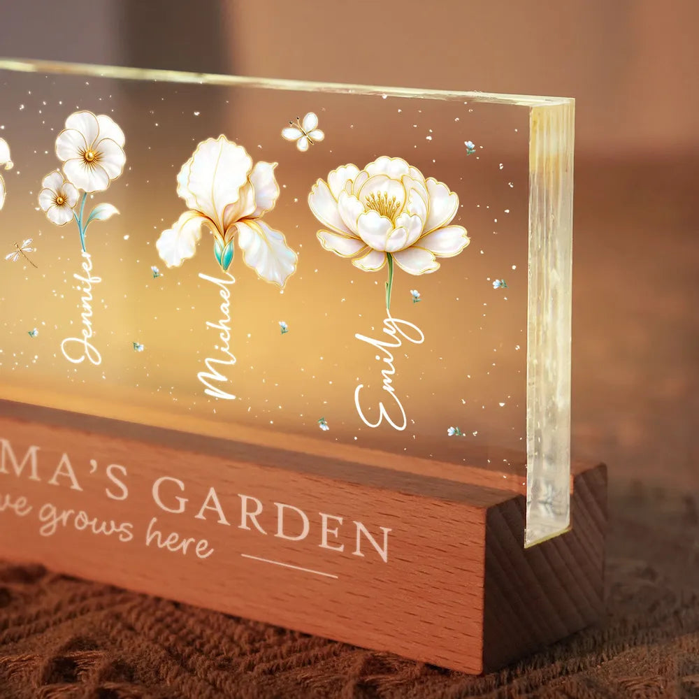 Grandma's Garden Block LED Light Plaque with Birth Month Flowers, Warm Glow Decor, Personalized Unique Gift for Grandma