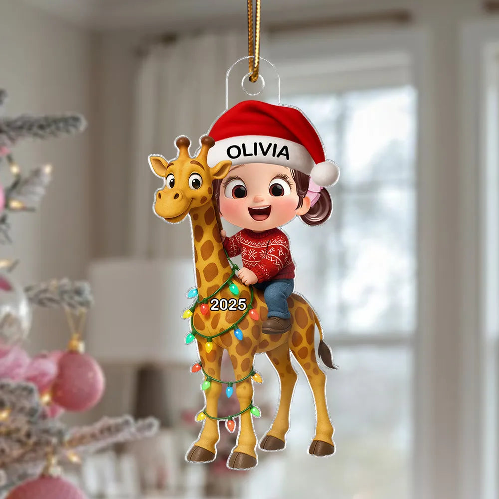 Cute Acrylic Ornament of Boy with Giraffe, Holiday Cheer, Gift-Ready Keepsake for Family and Friends