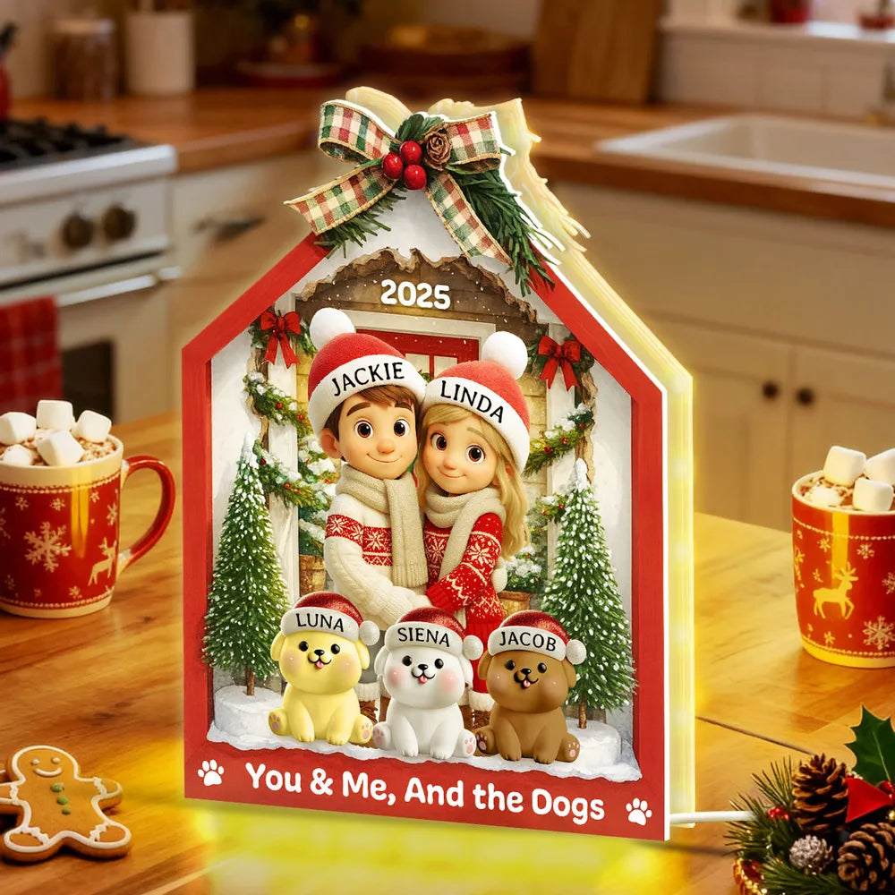 Acrylic Light Box with Couple & Pets Scene | Cozy Winter Holiday Decor, Perfect Gift for Lovers or Families