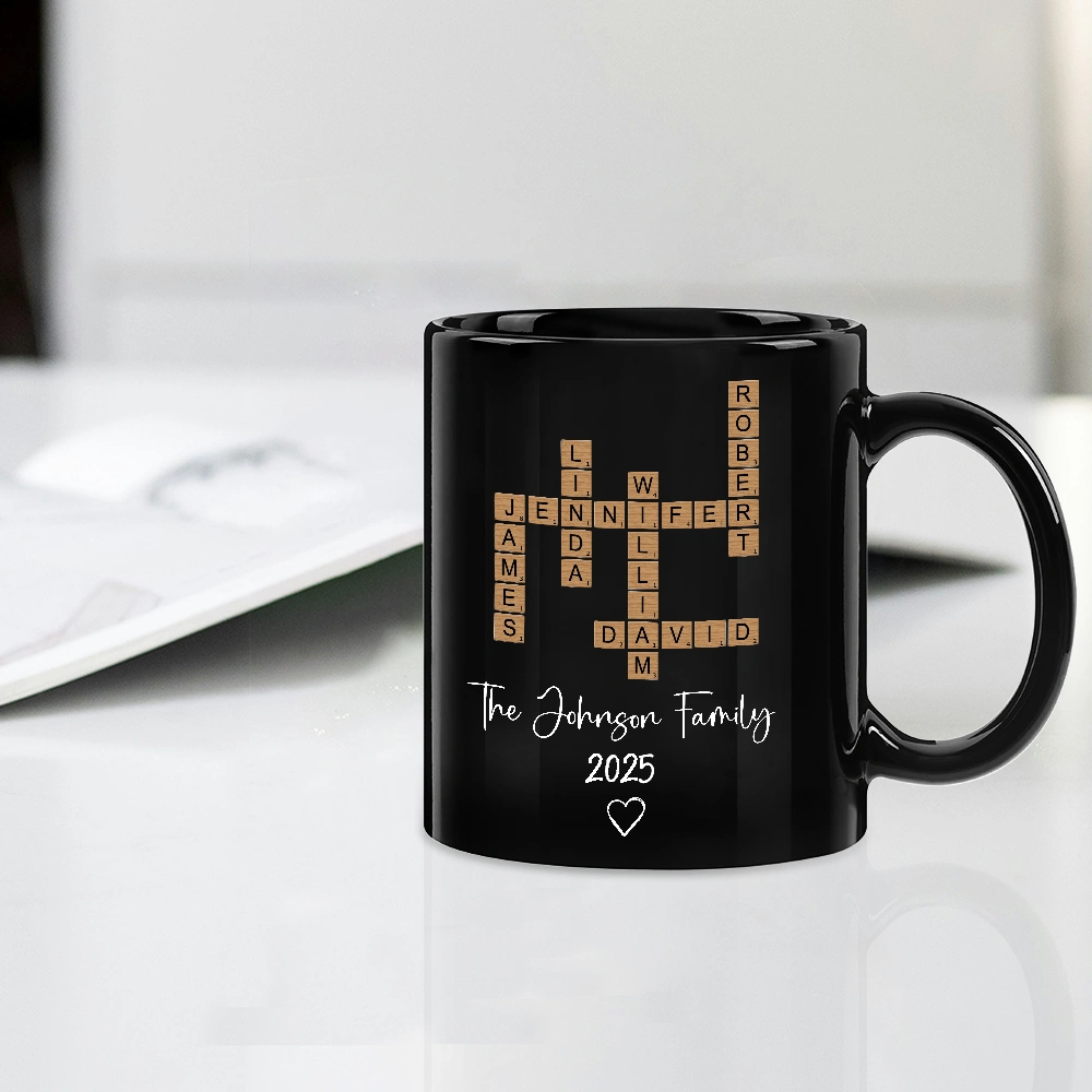 Personalized Family White Ceramic Mug with Wooden Tile Crossword Art - Unique Creative Gift for Home