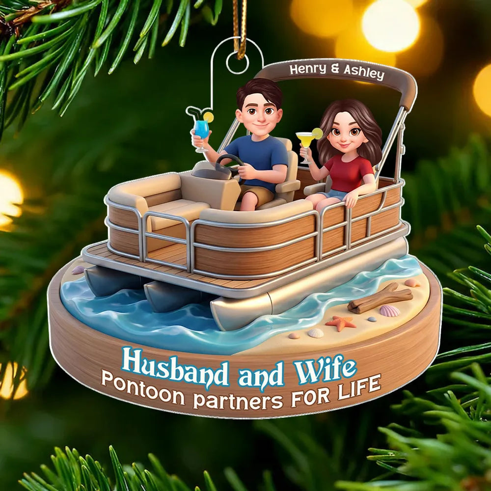 Personalized Acrylic Car Hanger Pontoon Couple Cute Cartoon Boat Decor, Unique Gift for Husband & Wife