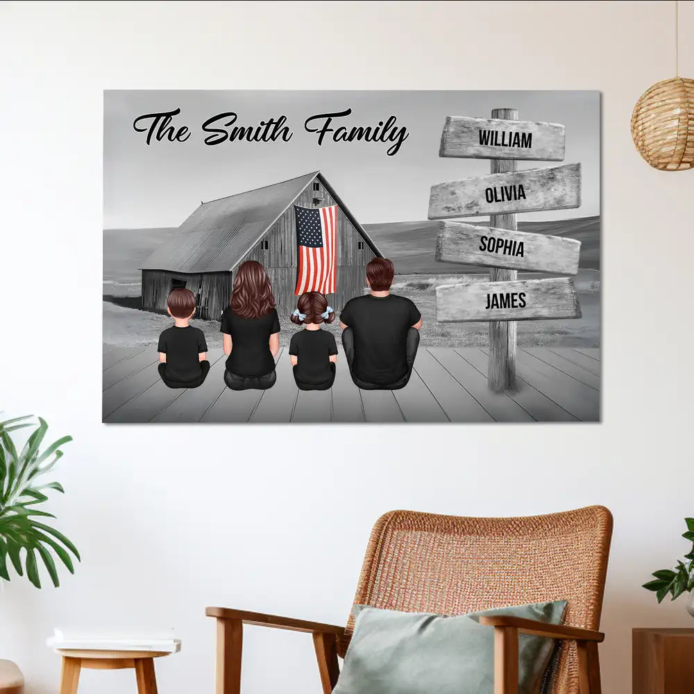 Names on Signpost Family Canvas – Sitting Together Poster with Barn Background – Gift For Family, Dad, Mom