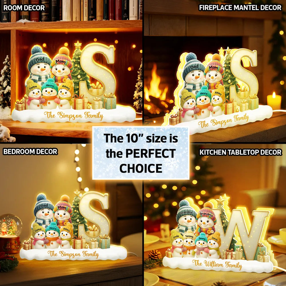 Snowman Family Christmas Acrylic Light Box | Personalized Initial Display, Perfect Gift for Families