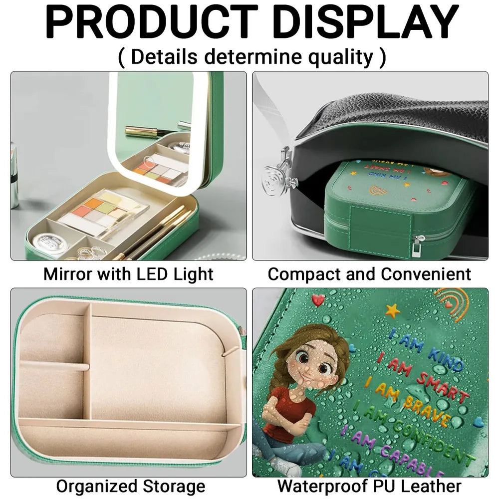 Leather LED Makeup Case Personalized with I Am Kind I Am Smart Quote, Sweet Everyday Reminder Creative Gift