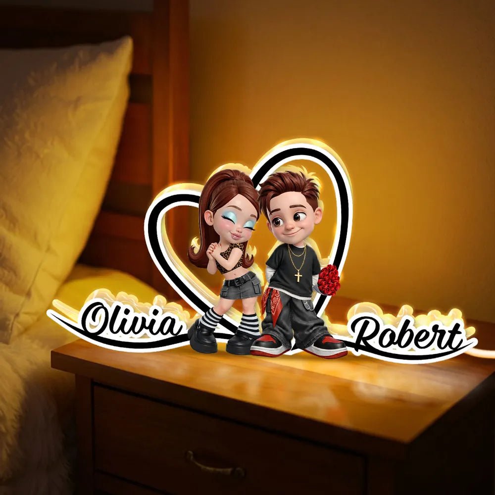 Personalized Couple Heart Acrylic Light Box, Y2K Cartoon Look for Bedroom Shelf Decor, Unique Romantic Gift for Him or Her