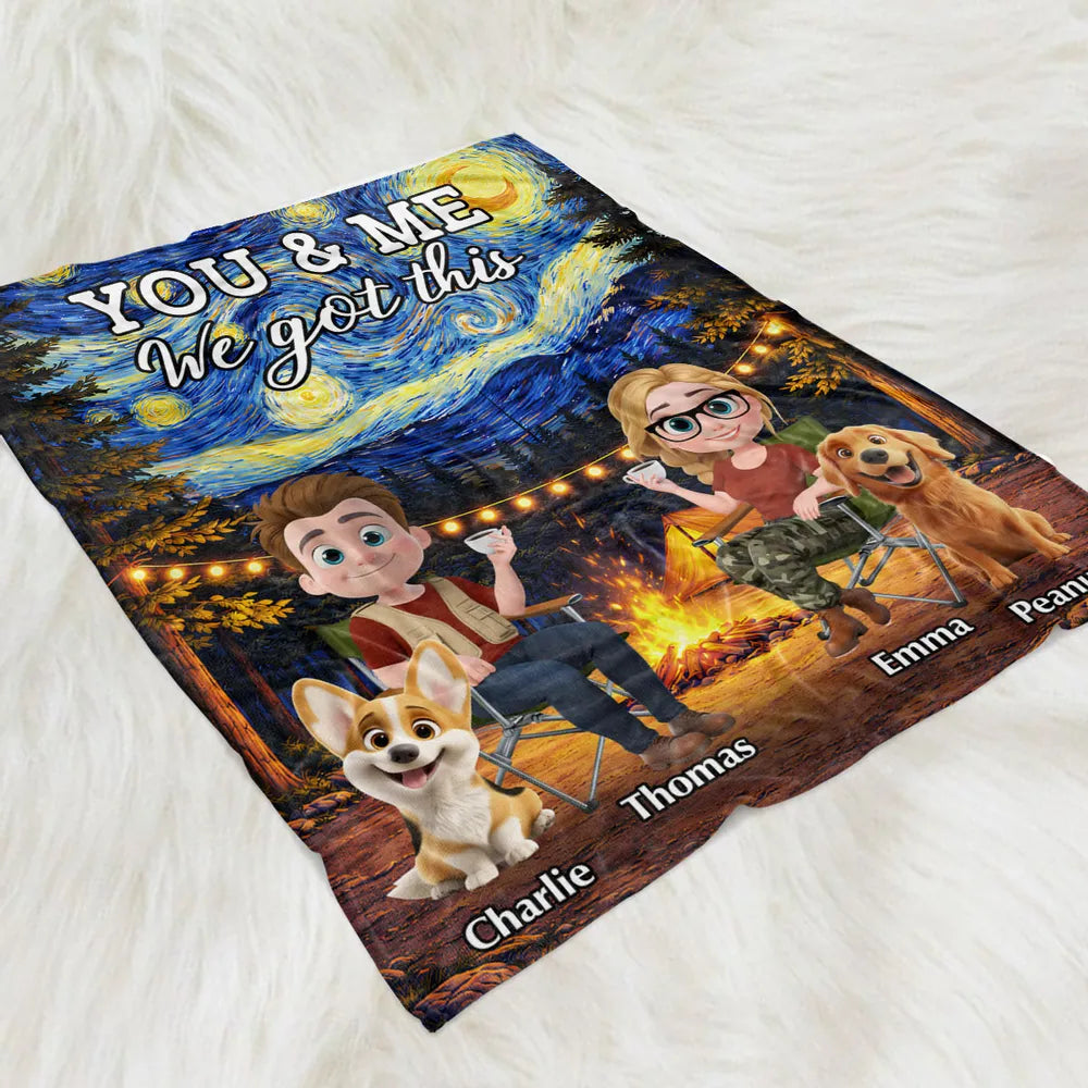 Personalized You & Me Camping Fleece Blanket, Cozy Campfire Couple & Dogs, Unique Gift for Couples