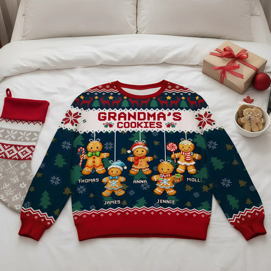 Personalized Grandma Cookies Printed Sweatshirt with Gingerbread Kids, Festive Christmas Gift for Grandma