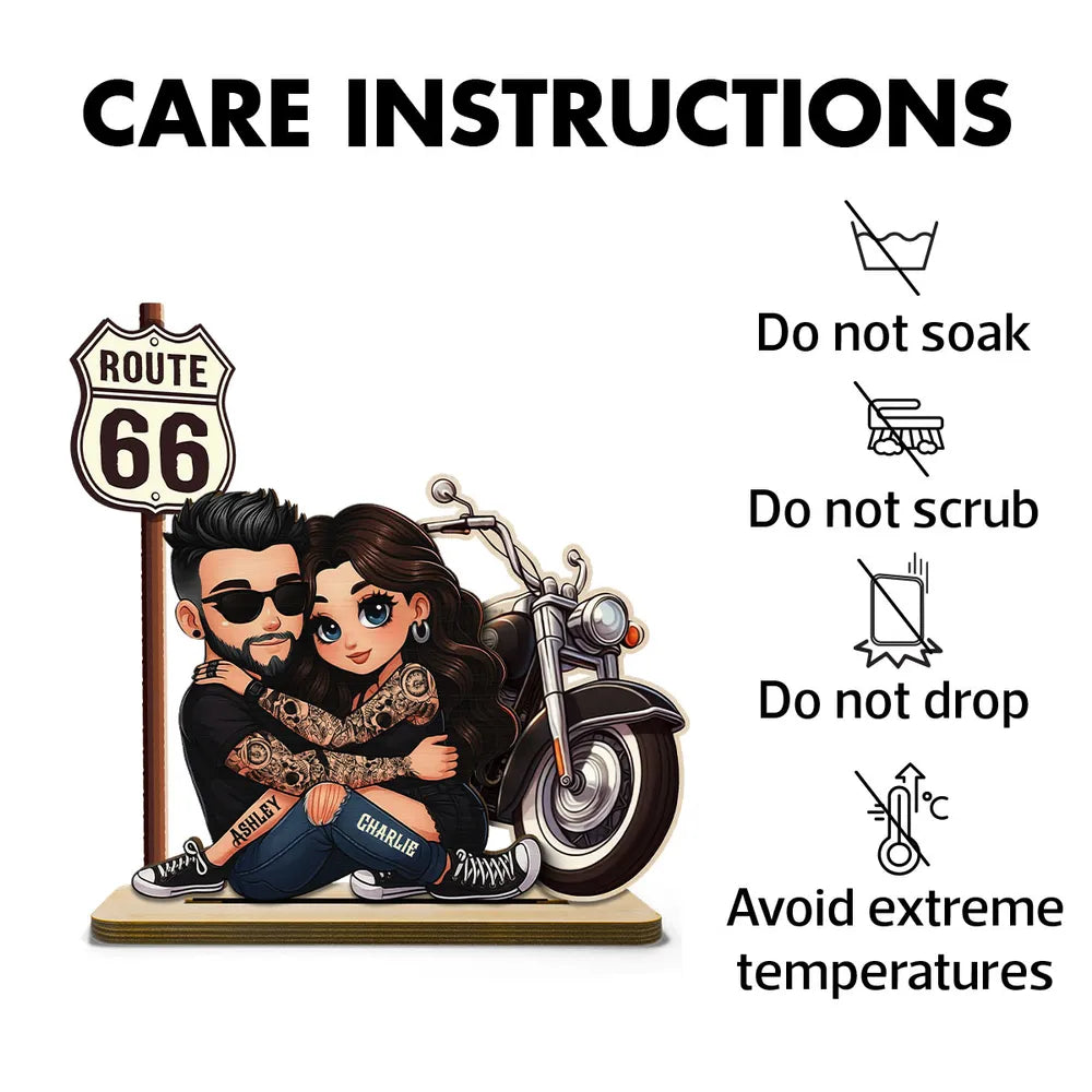 Personalized 2-Layer Wooden Plaque Biker Couple Hugging by Route 66 Motorcycle - Unique Gift For Couples