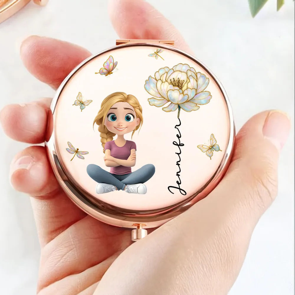 Personalized Metal Compact Mirror With Cute Cartoon Girl & Butterfly Florals - Unique Gift For Her, Purse-Ready Smile Booster