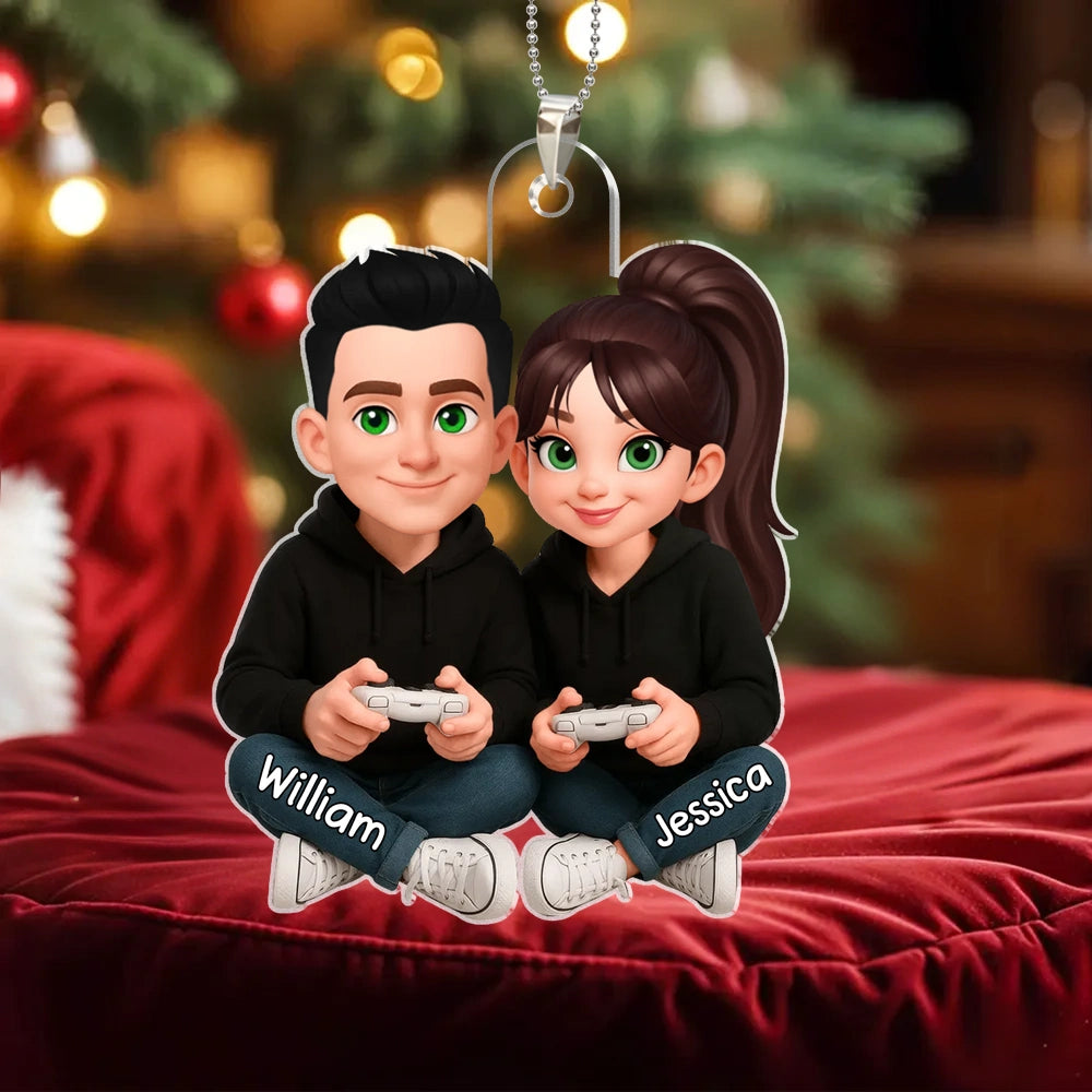 Personalized Acrylic Car Hanger Cute Gamer Couple Cartoon Car Mirror Decor Unique Gift for Couples, Sweet Daily Reminder