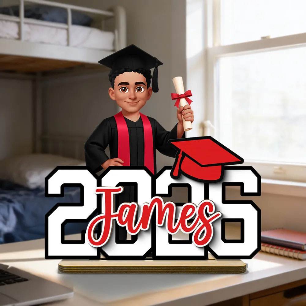 Custom Graduation 2-Layer Wooden Plaque With Cartoon Graduate and Year Sign, Heartfelt Gift For Student Family
