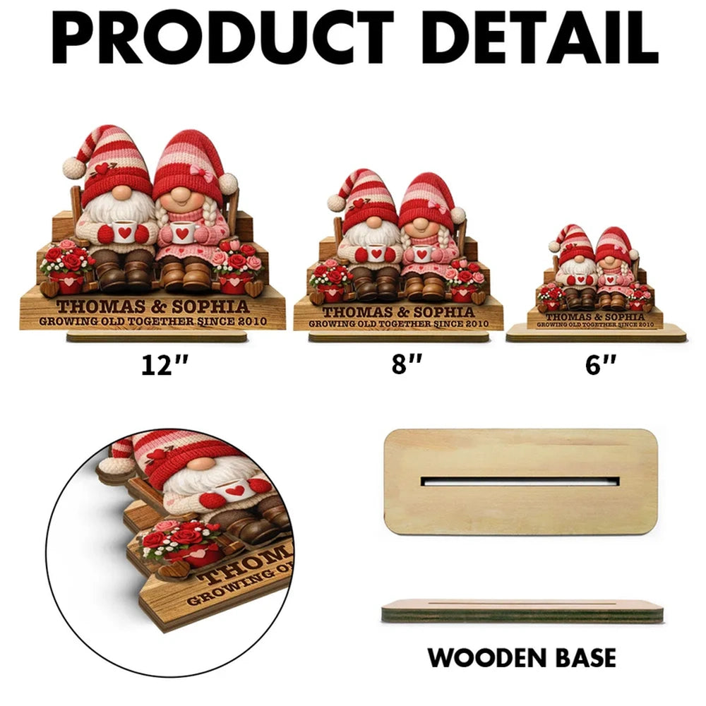 Personalized 2-Layer Wooden Plaque Gnome Couple on Bench with Heart Mugs, Cozy Home Decor, Unique Gift for Couple