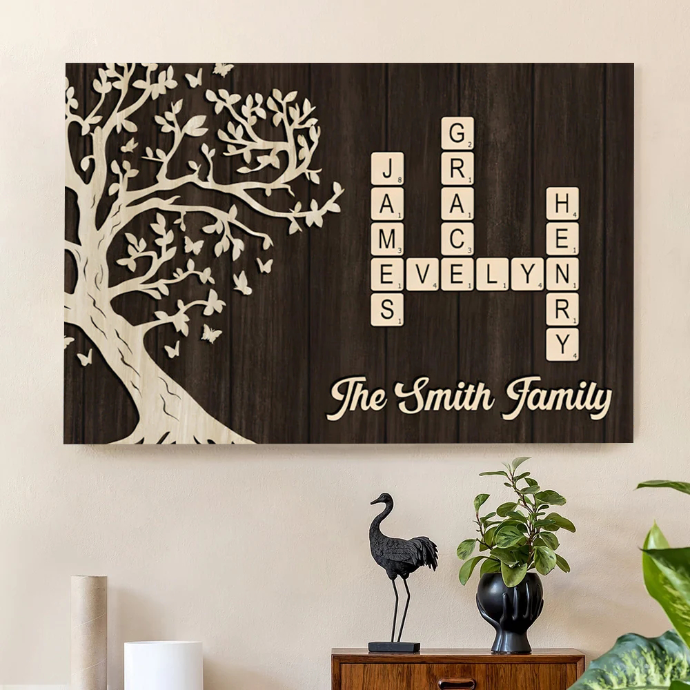 Family Crossword Poster - Custom Tree Wall Art, Warm Wood Look, A Unique Gift for Mom, Dad & Grandparents